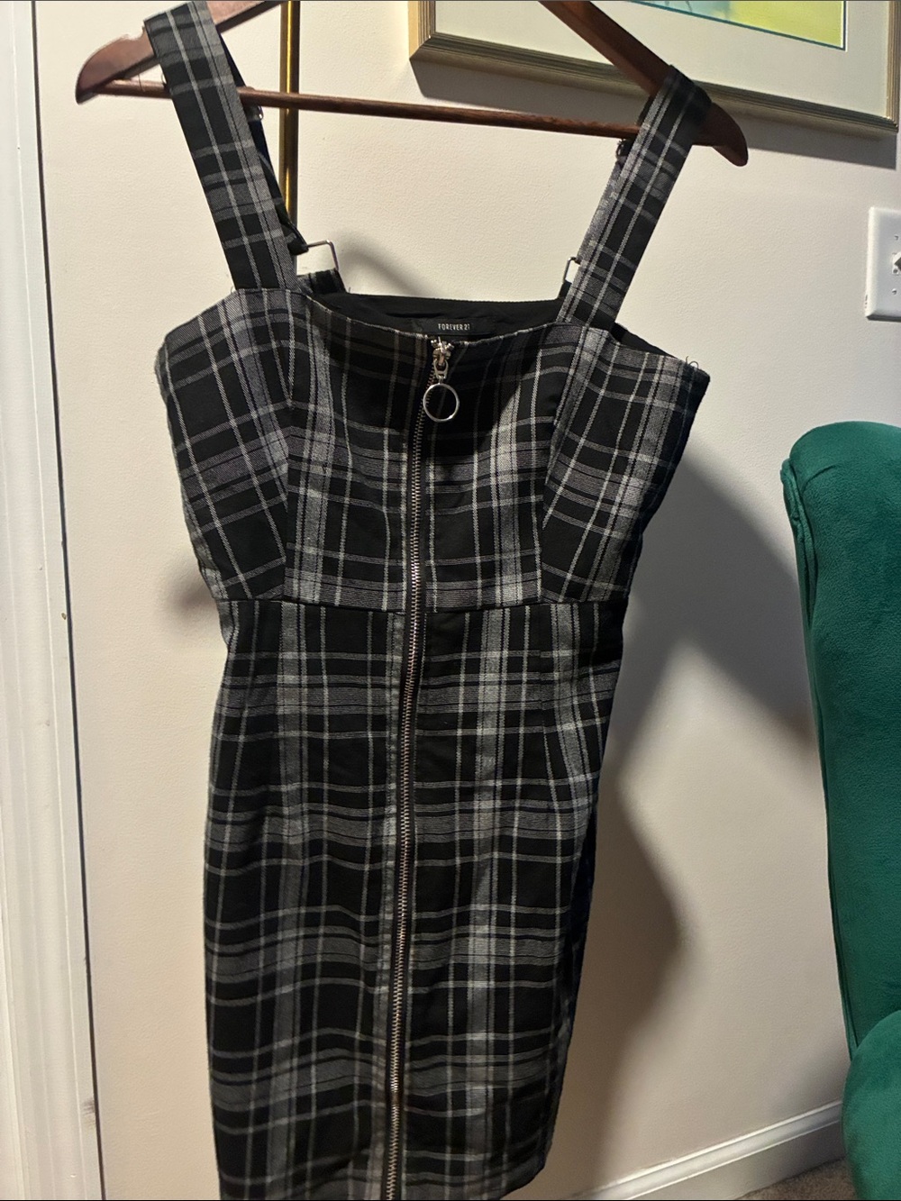 Forever 21 Black & Gray Plaid Zip-Front Mini Dress